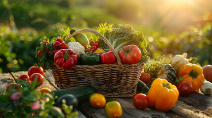 Vibrant fresh-picked vegetables in a wicker basket, set against a lush garden backdrop.