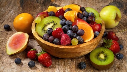 Naklejka na ściany i meble Refreshing mix of summer fruits in a wooden bowl. high quality photo