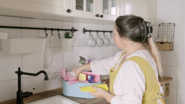 bottle of cleaning product spray in hands woman in kitchen, sanitary cleaning items, spring home cleaning, highlighting satisfaction takes in work and importance of cleanliness, household labor
