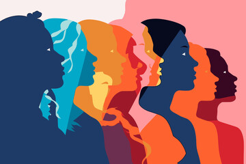 Silhouette profile group of men and women of diverse culture. Diversity multi-ethnic and multiracial people. Concept of racial equality and anti-racism. Multicultural society. Friendship - obrazy, fototapety, plakaty