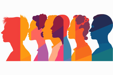 Silhouette profile group of men and women of diverse culture. Diversity multi-ethnic and multiracial people. Concept of racial equality and anti-racism. Multicultural society. Friendship - obrazy, fototapety, plakaty