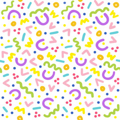 Seamless pattern 90s style, squiggles and geometric shapes. Transparent background, swatch included