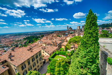 Medieval streets and buildings of Bergamo Alta on a sunny summer day, Italy