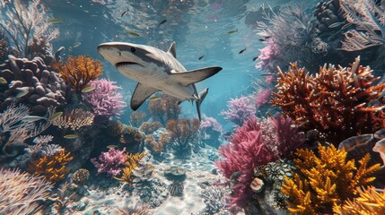 A shark swims in the middle of the sea in front of a coral reef.