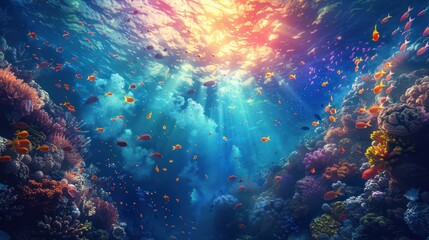 Beautiful scenery of the sea floating in colorful colors underwater.