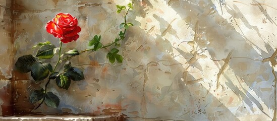 Romantic Red Rose Blooms on Weathered Stone Wall in Watercolor Painting