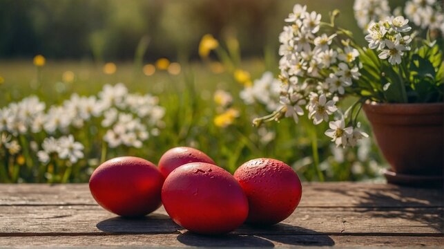 red Easter eggs lying on a wooden table against the background of a blurred spring meadow with flowers and strawberries