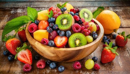 Fototapeta na wymiar Refreshing mix of summer fruits in a wooden bowl. high quality photo