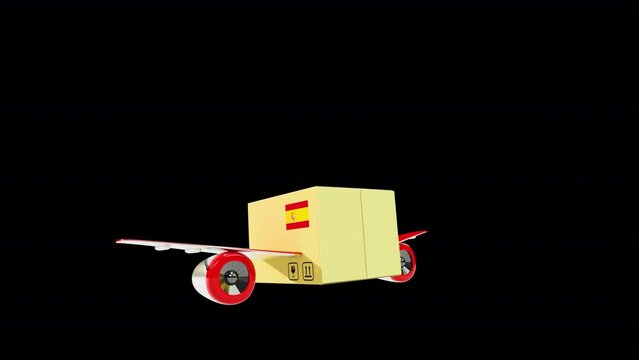 Cardboard box with airplane wings delivery Spain flag Alpha background loop animation motion graphics