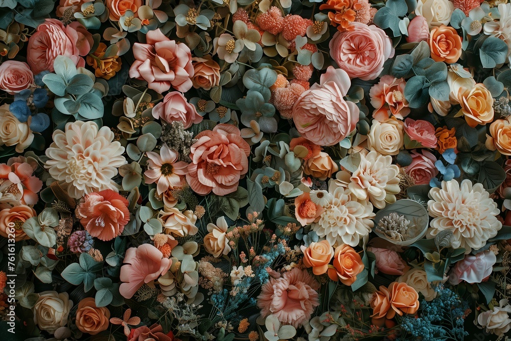 Poster a vintage-style background adorned with an artificial flower wall, adding a touch of nostalgic charm