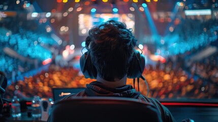 Esports gamers sitting at stadium computer tables