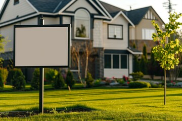 Blank real estate sign in front of brand new suburban home, close-up perspective
