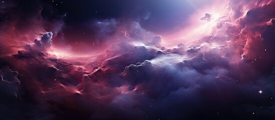 A majestic natural landscape painting capturing a cloudy sky in space with purple and violet hues,...