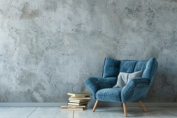 Blue upholstered snuggle chair and stack of books in serene modern scandinavian living room with textured stucco wall