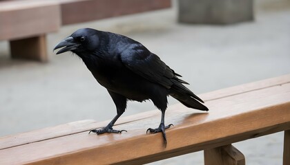 A Crow With Its Claws Scratching At A Wooden Bench