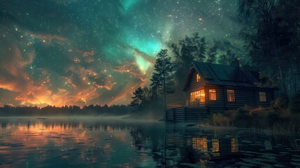 Fototapeta premium Glowing house next to lake and northern lights
