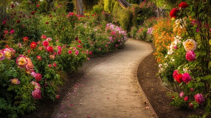 Serene Rose Garden Pathway with Colorful Blooms AI Generated.