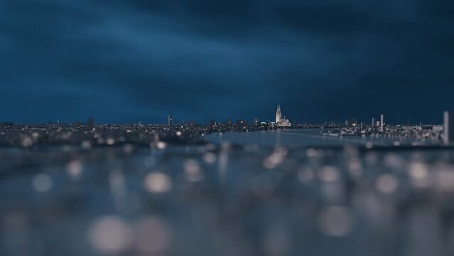 3D model of Cologne at night with the illuminated Cologne Cathedral and many other lights. Low angle of view with lots of depth of field.