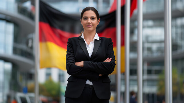 Confident young woman in a business suit poses against the German flag backdrop. Election of candidates