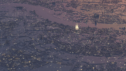 3D model of Cologne in the transition to night or morning with many lights. There is still a slight reddish glow on the landscape. Aerial view with the illuminated Cologne Cathedral in the centre.