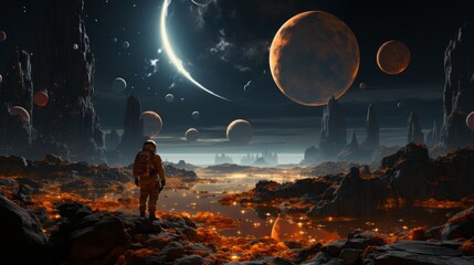 Astronaut discovering gold rocks on a distant planet