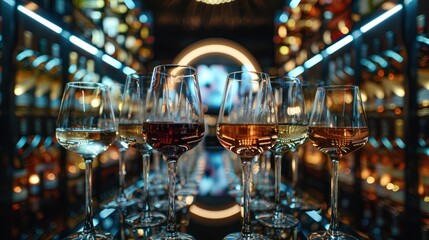 One room has a glass shelf with a variety of cocktails. - obrazy, fototapety, plakaty