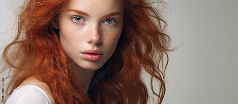 Sticker A woman with jawlength layered red hair, fluttery eyelashes, and fair flesh is wearing a white shirt and gazing at the camera