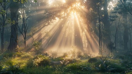 Mystical forest views at dawn with sunlight filtering through the mist, creating a magical and peaceful atmosphere.