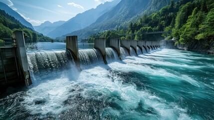 large hydroelectric dam Stores water that flows through an electric turbine. - obrazy, fototapety, plakaty