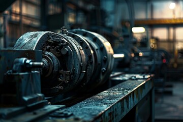 Close-up shot of machinery inside the weapons factory during the night shift
