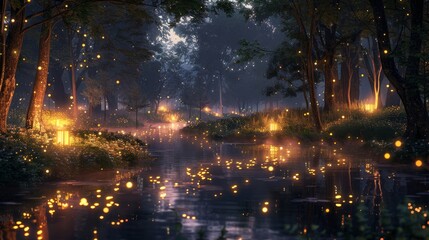 A stunning night view of a forest lake with twinkling fairy lights, creating a magical and mysterious atmosphere.