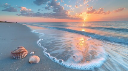 A calming sunset view on the beach with shells washing up on the shore and gentle waves - obrazy, fototapety, plakaty