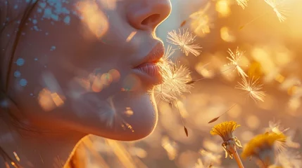  A close-up shot of a women blowing dandelion seeds into the air, with the seeds captured in mid-flight. © Riz