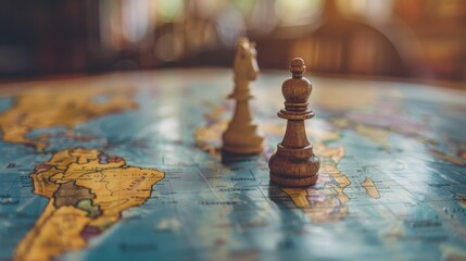 Wooden chess pieces positioned on a world map, suggesting strategic moves in a global context. - obrazy, fototapety, plakaty