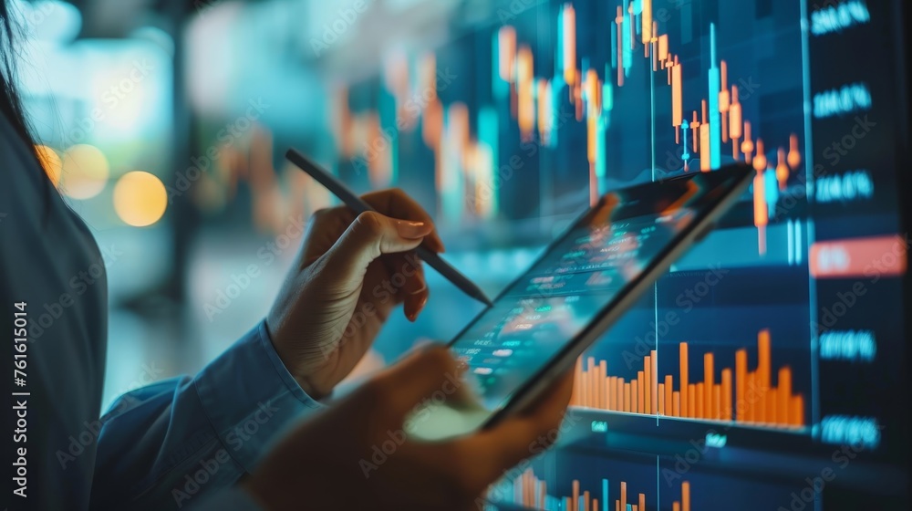 Poster close-up of a professional analyzing complex financial data and stock market charts on a digital tab