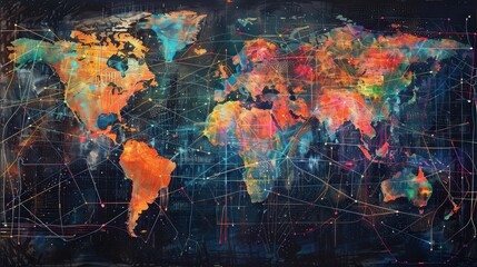 A strikingly colorful and vibrant artistic interpretation of the world map overlaid with a dynamic connectivity grid.