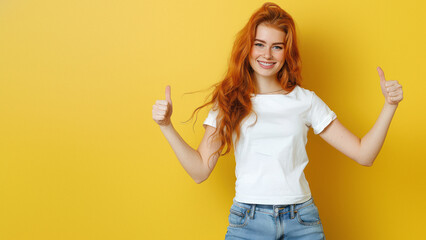 Happy young redhead woman with freckles giving two thumbs up and a bright smile on a yellow background