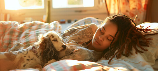 Tranquil woman with dreadlocks enjoying a sunlit nap with loyal dog