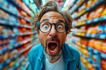 An excited man with glasses standing in a grocery store aisle, wide-eyed with an open mouth, showing an expression of amazement - obrazy, fototapety, plakaty