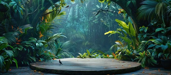 Wooden Stage Amidst Lush Tropical Rainforest - A Serene and Magical Ambiance - obrazy, fototapety, plakaty
