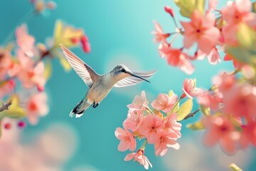A delicate hummingbird hovers with precision, sipping nectar from the tender blooms of spring, its wings a blur of motion against the floral backdrop. - obrazy, fototapety, plakaty
