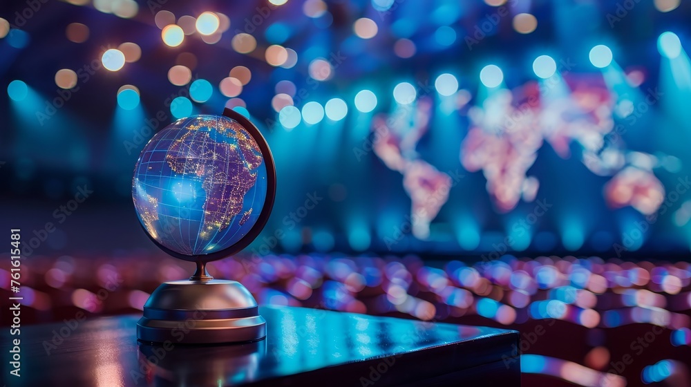 Poster an illuminated desk globe displaying city lights on a stage, with a bokeh background suggesting glob