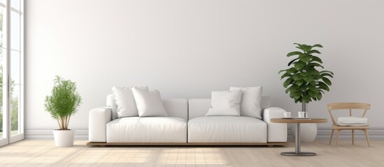 White scandinavian living room interior with sofa, plant in vase on wooden floor, frames on large...