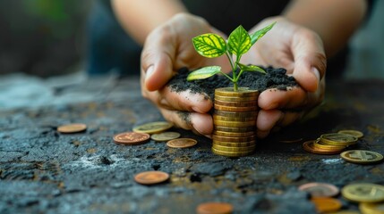 Hands nurturing a young plant growing on a stack of coins against a blurred natural background, representing financial growth and investment.