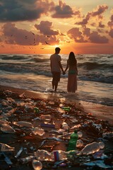 The concept of criticizing the pollution of nature, water, the planet by recklessly throwing garbage and waste all around. A  romantic photo of a sunset, a beach, a couple in love covered in trash. - obrazy, fototapety, plakaty