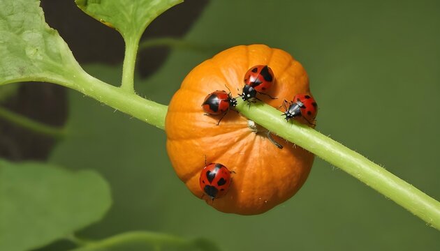Ladybugs Crawling On A Pumpkin Vine