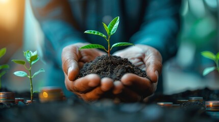 Obraz premium Human hands holding a thriving young plant over soil with scattered coins, illustrating the concept of investment and economic growth.
