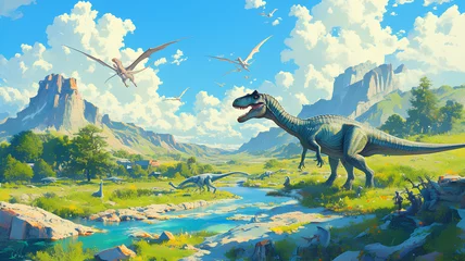Raamstickers 3d dinosaur world in nature, dinocore jungle background © Hiro
