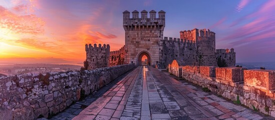 Ancient Castle Entrance at Dawn: Majestic San Gaga's Medieval Stone Walls Captured in Panoramic Dawn Lighting with a Panasonic Lumix S1R 24-105mm f/4 - obrazy, fototapety, plakaty