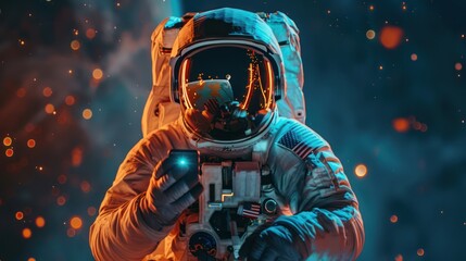 Astronaut, man floating in space play with smartphone first person view - obrazy, fototapety, plakaty